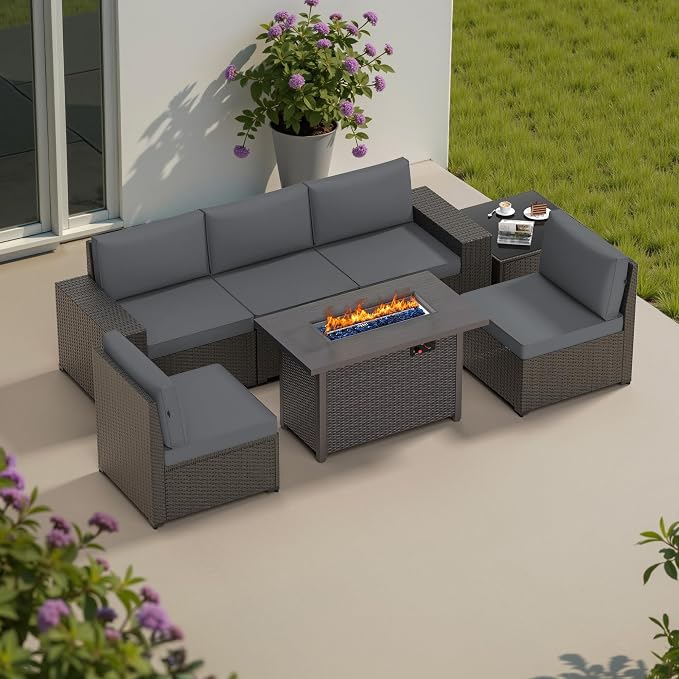 Patio Furniture Set, 7PCS Patio Sectional w/ Fire Pit Tabel Ottoman Wicker Rattan Outdoor Furniture with Thickened Cushion Modular Wicker Patio Conversation Set with Glass Top Table for Balcony (Grey)