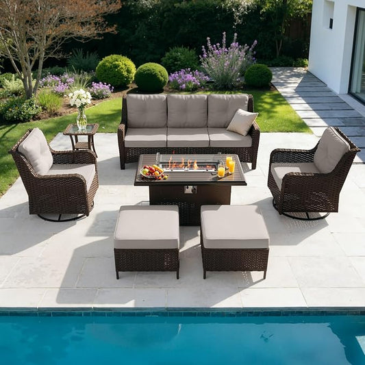Kullavik 7 Pieces Patio Furniture Set,All-Weather Wicker High Back Outdoor Swivel Rocker Patio Chairs with Fire Pit Table & Thick Cushions,Paito Conversation Set for Porch,Deck,Sand