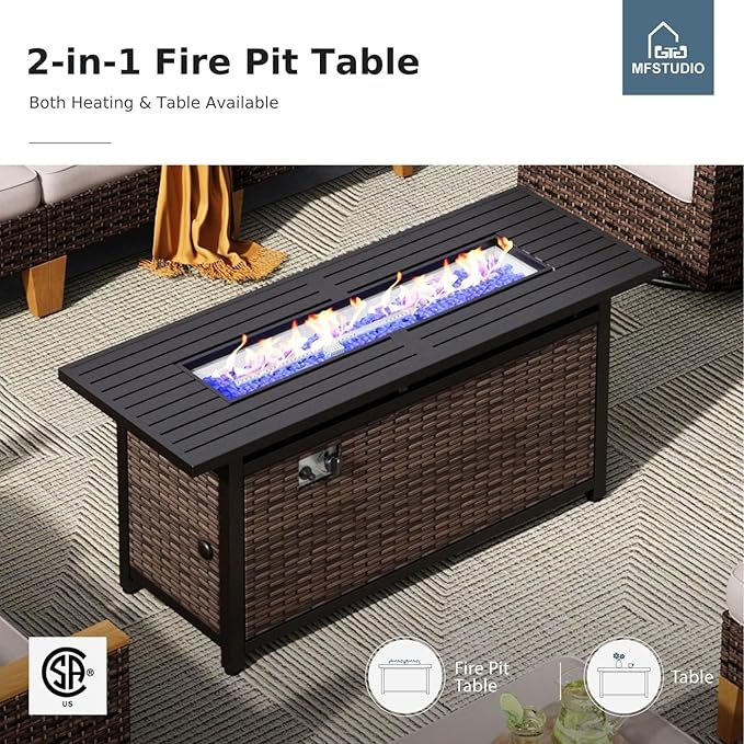 MFSTUDIO 9 Piece Wicker Patio Furniture Sets with 56" Fire Pit Table, 4 x Swivel Chair, 2 x Ottoman, 2 x Corner Sofa, All-Weather PE Rattan Patio Conversation Set Outdoor Sectional Sofas, Beige