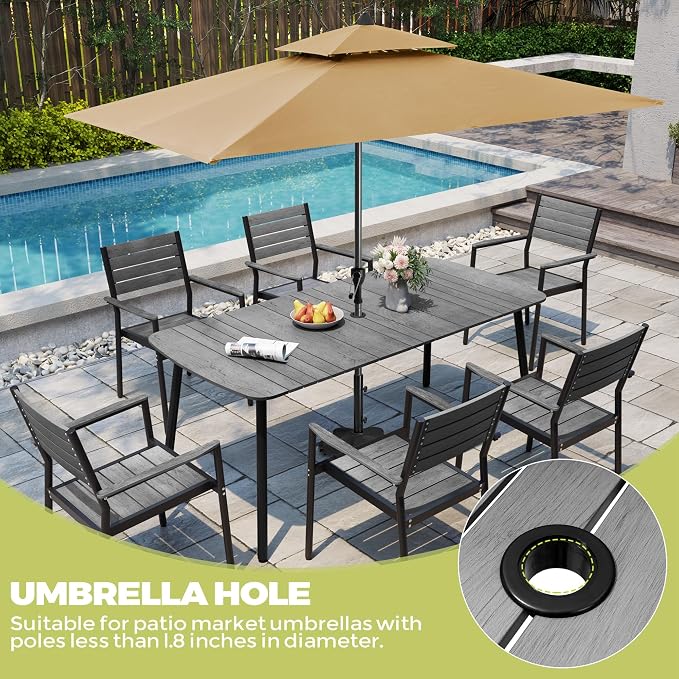 Crestlive Products Outdoor Dining Table for 6, 70" Aluminum Patio Table with Umbrella Hole Weather Resistant Rectangle Outside Tables for Patio Garden Lawn, Grey