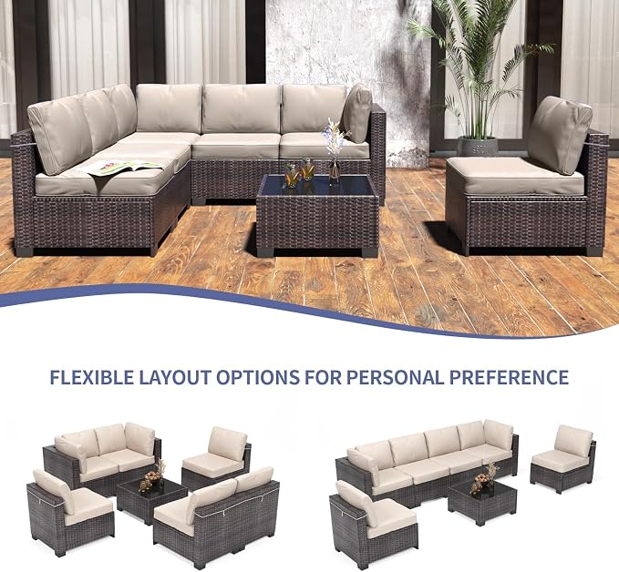 GAOMON 7-Piece Outdoor Patio Furniture Set, All-Weather Wicker Sectional Sofa with Thick Cushions and Glass Top Coffee Table, Modular Conversation Set for Garden, Balcony, Porch, Poolside