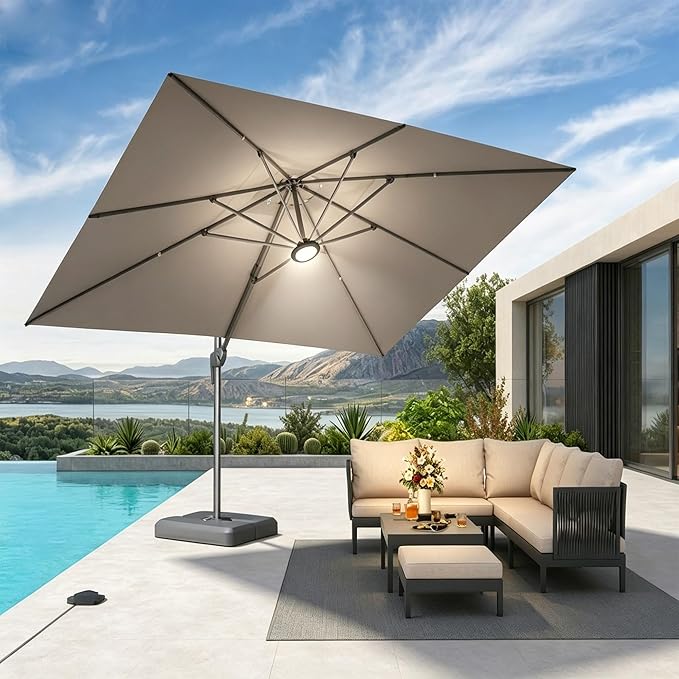 PURPLE LEAF Patio Umbrella 10' X 13' Rectangle Umbrella with Central Lights and Base Large Aluminum Outdoor Umbrellas with 360-degree Rotation & UPF40+ Fabric for Deck Pool Garden Yard, Ash Mocha