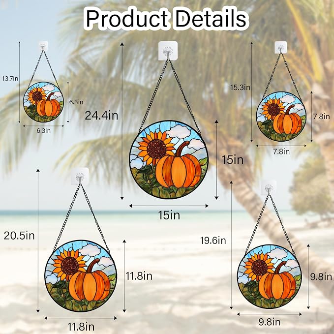 DASTOLL Stained Glass Window Hanging Fall Farm Scenery Sunflower Pumpkin Large 11.8" - Suncatcher Door Garden Kitchen Sunroom Sun Catcher Home Decor Birthday for Mom Grandma Men Woman