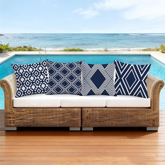 NIGHTWISH Outdoor Waterproof Pillow Covers 16x16 Set of 4 Navy Blue and White Modern Geometry Decorative Outdoor Throw Pillows Boho Cushion Cases for Patio Furniture Bench Couch Sunbrella