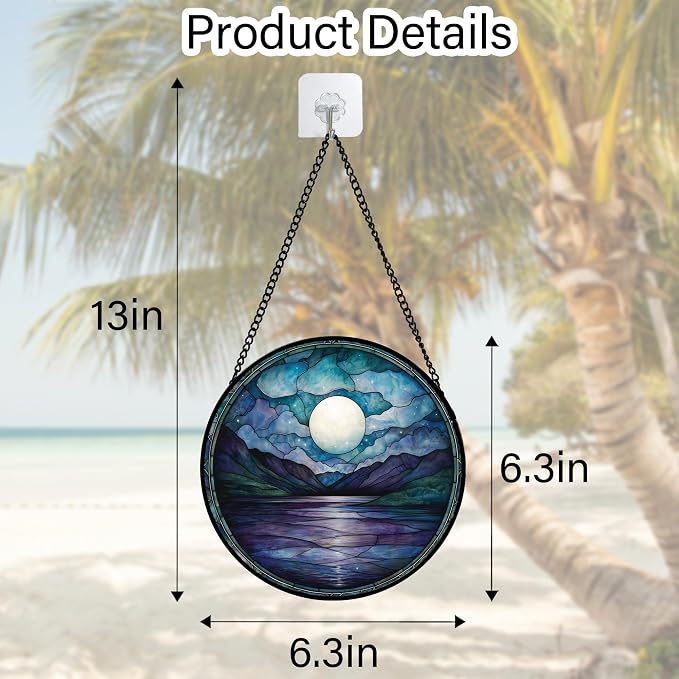 DASTOLL Stained Glass Window Hanging, Blue Night Moon Lake Sun Catchers Colorful Glass Panel Landscape Suncatcher Decor for Birthday for Women, Men, Wife, Aunt, and Mom 9.8 in
