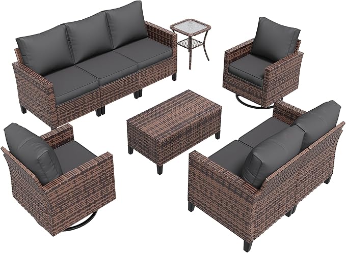 Amopatio Patio Furniture Set, 6-Piece Wicker Outdoor Sectional Sofa with Swivel Rocker Chairs, Rattan Conversation Set with Storage Coffee Table and Waterproof Cover for Backyard Brown/Grey