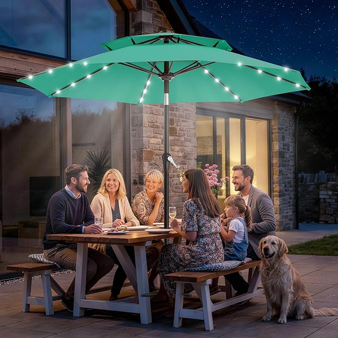 AreShark 9ft 2 Tiers Patio Umbrella with Solar Lights, Outdoor Umbrella w/ 32 LED Lights&8 Sturdy Ribs, Table Umbrella for Deck, Backyard, Pool(Turquoise)