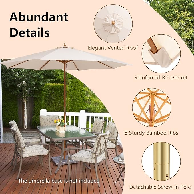 HAPPYGRILL 10 FT Wooden Patio Umbrella with Rope Pulley Lift, 8 Bamboo Ribs, 3 Adjustable Heights, Vented Roof, Outdoor Table Umbrella for Garden Poolside Backyard
