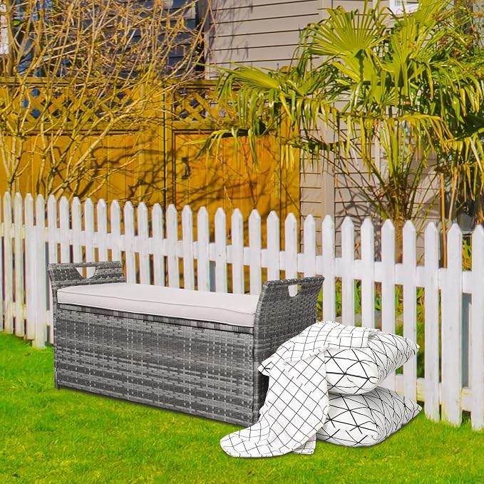 33 Gallon Rattan Wicker Deck Box Bench,Large Indoor/Outdoor Waterproof Storage Cabinet,Resin Rattan Patio Storage Bin,Outside Wicker Storage Container,with Cushion,for Yard Pool Garden Porch (Gray)
