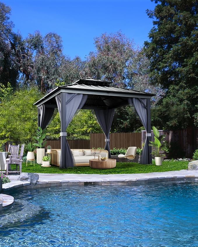 10'X10' 'Aluminum Double Layer Iron Roof Gazebo - Durable, Weather Resistant, Spacious, Easy Assembly, Stylish Design