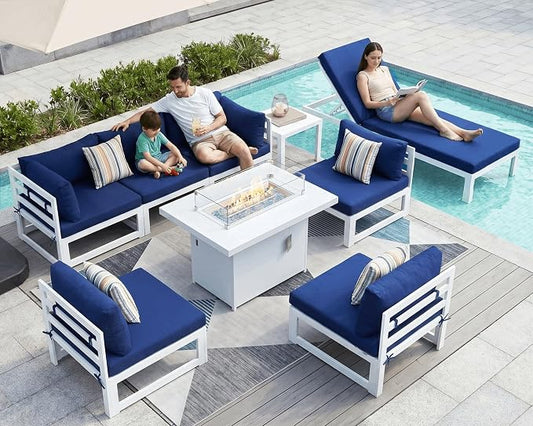 NICESOUL 9 Pcs Aluminum Patio Sectional Furniture Set with Chaise & Fire Pit Table, 500 lbs Heavy Duty Anti-Rust Outdoor Couch, 29" Deep Wide Seat, High End Conversation Sofa for Poolside, Navy Blue