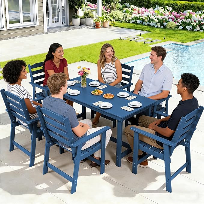 FUNBERRY Outdoor Dining Table, HDPE 6-Person Patio Table with Umbrella Hole | Wood-Grain, HDPE All Weather, No Rot or Rust or Crack, UV Fade Shield, 220LBS Weight Capacity, Easy-Clean for Outside