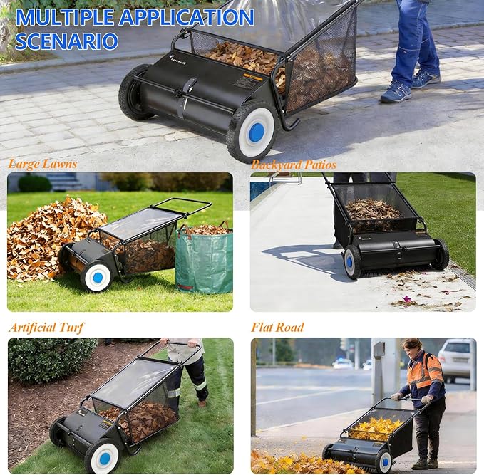 26" Lawn Sweeper Push, Push Lawn Sweeper for Leaves & Grass Clippings, Manual Yard Sweeper with Clear Dust Cover & Large Collection Bag for Lawn Yard Cleanup