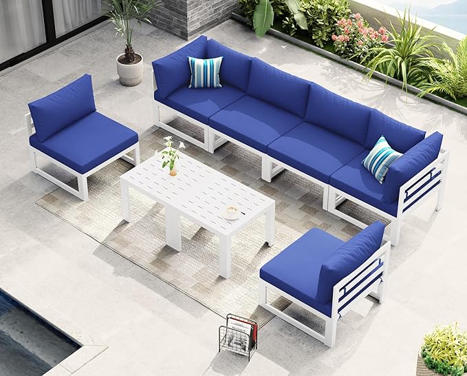 NICESOUL 6 Seat Oversized Modern Aluminum Patio Furniture Set, All Weather Rust Proof Modular Sectional Sofa with Coffee Table, 500 lbs Heavy Duty Comfy Outdoor Couch for Garden Backyard, Navy Blue