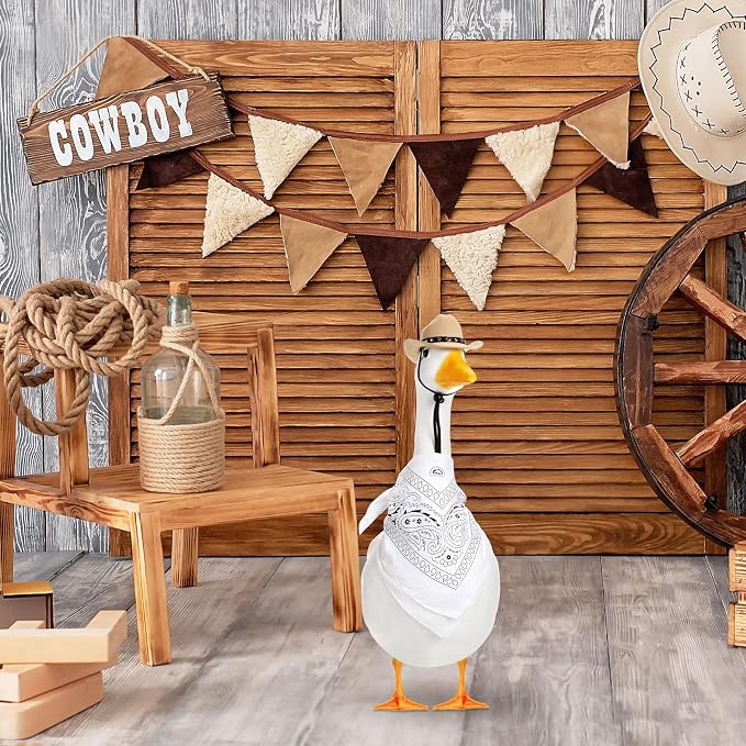 Shyyween Western Cowboy Porch Goose Outfits for 23"/ 17'' Lawn Cement Goose Statue Clothes Cowboy Hat with Bandana Scarf(White, Beige)