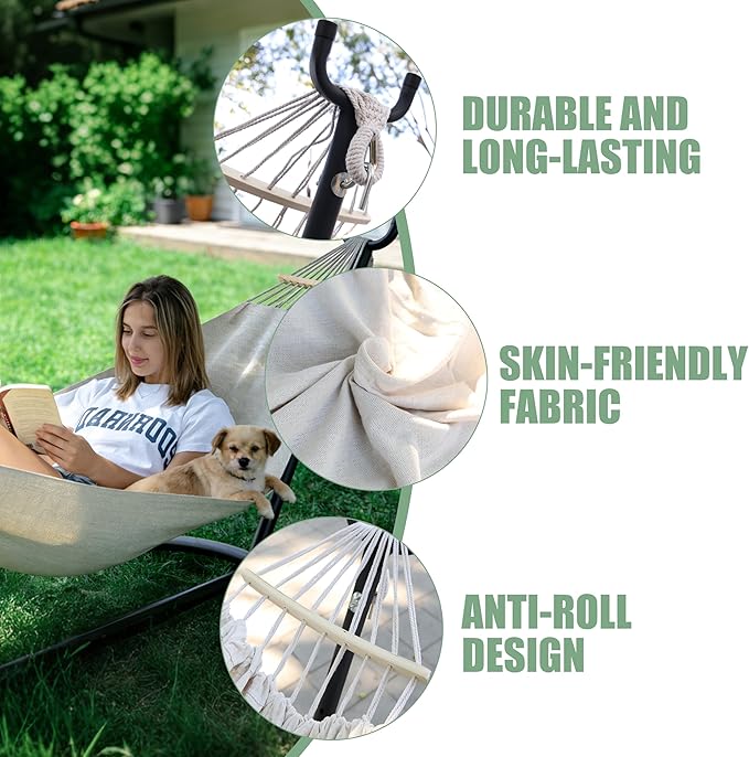 2 Person Hammock with Stand for Indoor & Outdoor, 550lbs Sturdy Steel Frame - Anti-Flip Curved Bars Safety - Comfortable Cotton Portable Hammock for Patio, Sunroom, Bedroom, Natural Beige