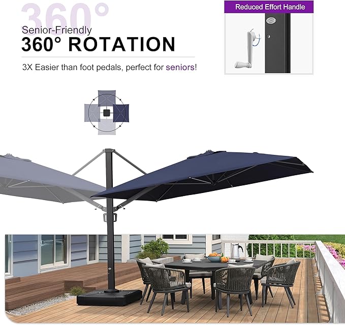 PURPLE LEAF 11 FT Square Patio Umbrella with Wheeled Base Included Large Outdoor Offset Umbrella with 360-degree Rotation Cantilever Umbrella for Garden Deck Backyard Pool Navy Blue
