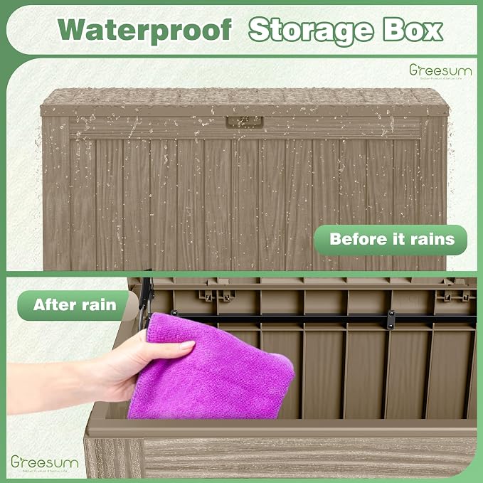 Greesum Outdoor Storage Box 120 Gallon Storage Bin with Lid for Patio Furniture, Garden Tools, Pool Supplies, Lockable, Waterproof and UV Resistant, Coffee