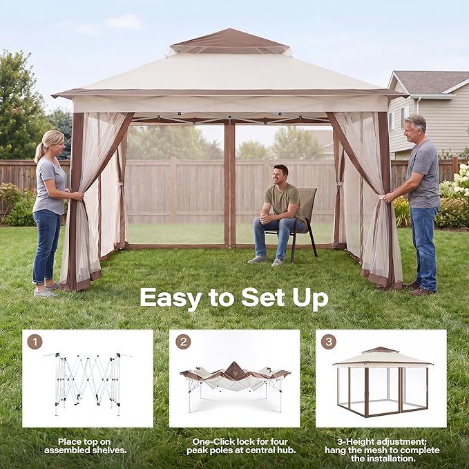 LAUSAINT HOME 12x12 Pop Up Gazebo Canopy Tent with Mosquito Netting, Instant One-Push Setup, Adjustable Height Outdoor Canopy Shelter with Carry Bag for Patio, Backyard, Camping, Parties & BBQs, Khaki