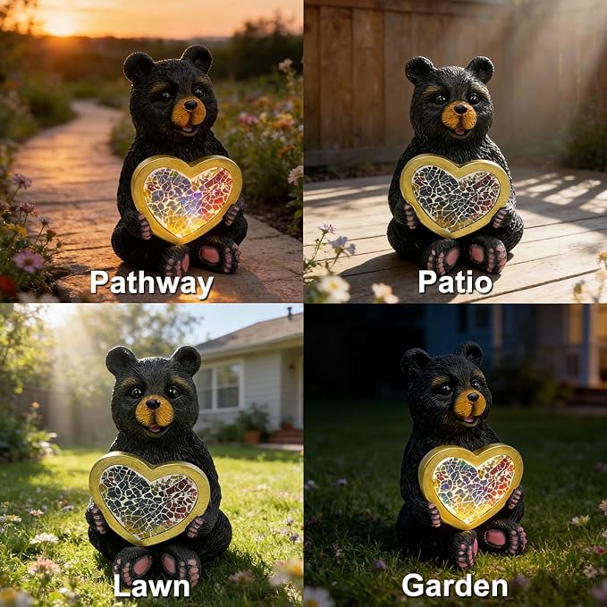 Solar Turtle Garden Statue Lights for Outdoor Decor with Cracked Glass LED Figurine Lighting Resin Succulent Tortoise Decorations Patio Lawn Yard Housewarming Mom Gifts (Black Bear)