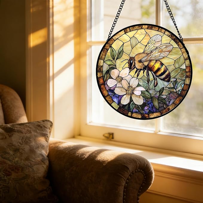 Stained Glass Window Hanging, Vintage Bee Yellow Flower Sun Catcher for Window Door Home Decor Suncatcher Christmas Mother's Day Birthday Gifts for Women Men Mom and Nana 15 in
