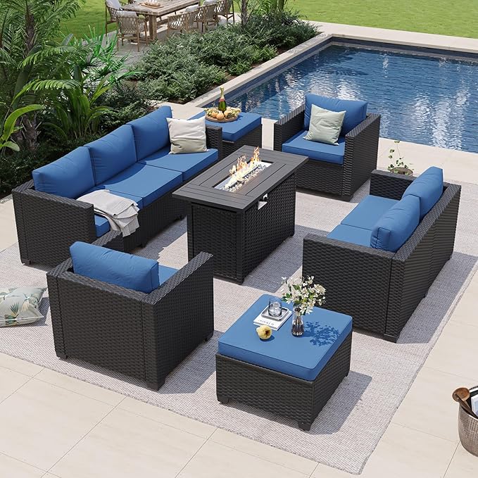 Aoxun 7 Piece Patio Furniture Set with Fire Pit Table, 9 Seats Outdoor Furniture Set with Wicker Ottomans, Rattan Outdoor Sectional Sofa with Thickened Cushion & Waterproof Cover Navy Blue