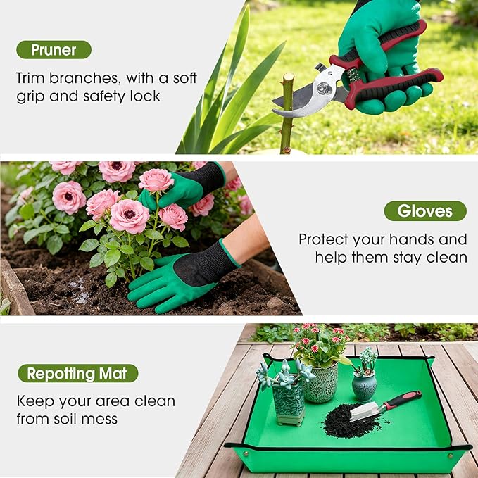 WOWBOX Garden Tools Set - 10 PCS, Heavy Duty Gardening Hand Tools Kit with Storage Tote, Rust-Resistant Gardening Supplies for Planting with Non-Slip Ergonomic Handle for Women and Men (Red)