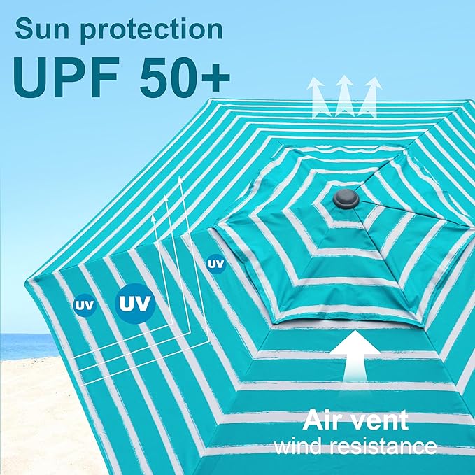 AMMSUN 8ft Large Beach Umbrellas for Sand Heavy Huty Wind Portable Commercial Grade Patio Beach Umbrella with Sand Anchor Adjustable Height Air Vent UPF 50+ Telescoping Pole without Tilt Teal White