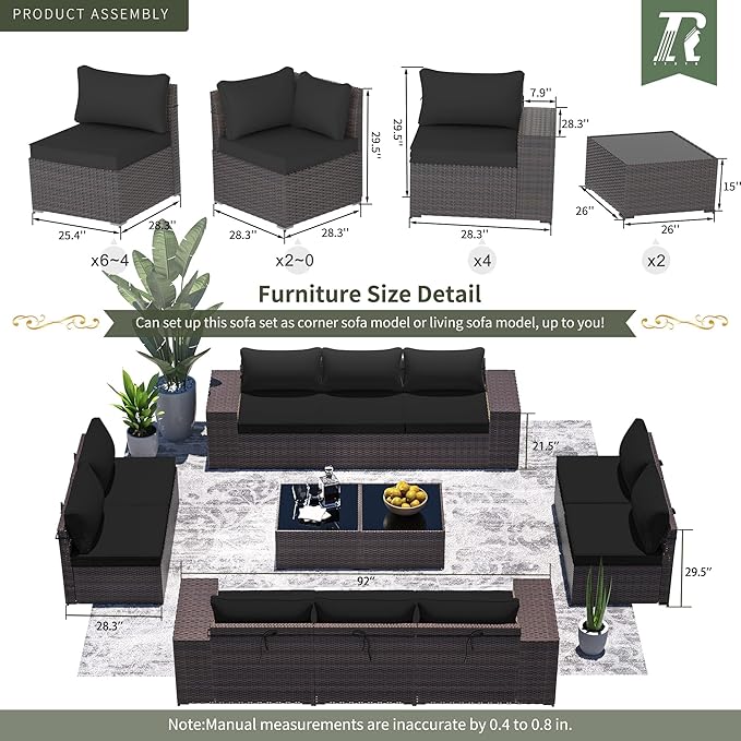 13 PCS Outdoor Patio Furniture Set,Outdoor Sectional Furniture with 43" 55000 BTU Gas Propane Fire Pit Table,All Weather PE Rattan Wicker Patio Conversation Set,Black