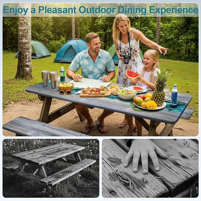 Picnic Table Cover with Bench Covers Camping Essentials Waterproof Windproof Camping Tablecloth with Drawstring Bag, Fitted Rectangle Tables and Seats, 72in, Palm Leaf