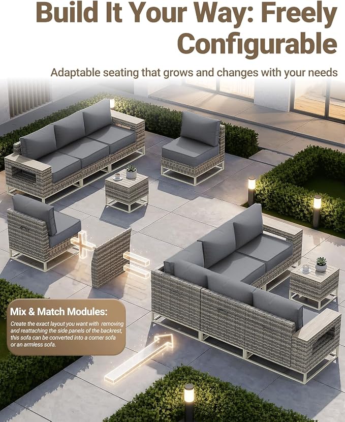 Outdoor Patio Furniture Set 13-Piece PE Rattan Wicker Outdoor Sectional Sofa with 5,000 BTU Fire Pit Table, Modern Modular L-Shaped Conversation Set with Thickened Cushions and Chunky Arms, Slate Grey