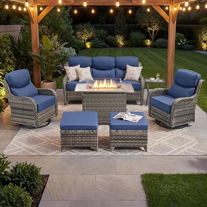 Luxury Patio Furniture Set with 6-inch Thick Cushion, Outdoor Furniture with Fire Pit Table, Swivel Chairs, Sofa, Side Table, Ottomans, 7pcs Wicker Conversation Set Grey Wicker | Blue Cushion
