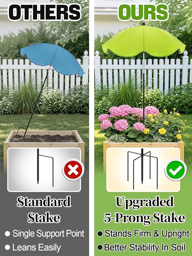Cosweet Plant Umbrellas for Outdoor Plants with Stable 5 Prong Base & Adjustable Angle Height - 26" Larger UV-Resistant Garden Umbrella Shade, Easy Install for Raised Bed Potted Flowers