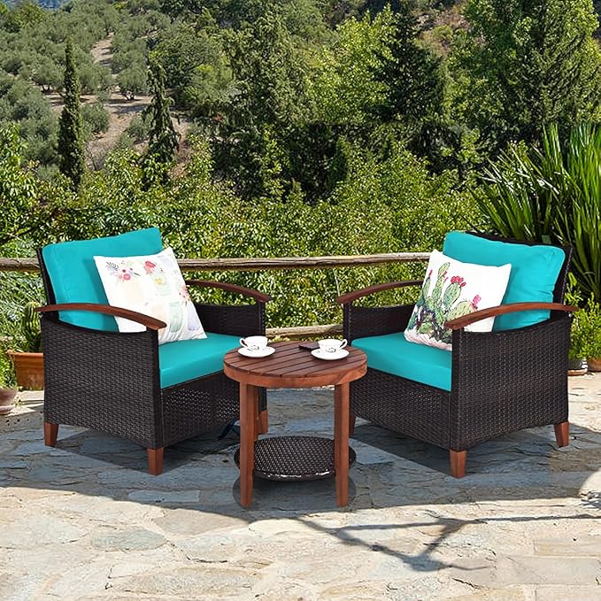 HAPPYGRILL 3-Piece Patio Conversation Set Outdoor Rattan Wicker Sofa Set with Cushion and Acacia Wood Frame Table and Chairs Set for Garden Poolside Balcony