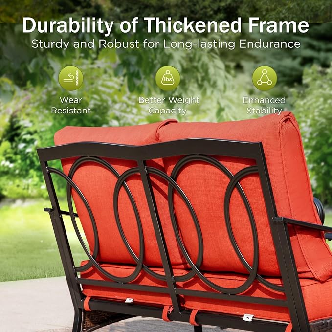PHI VILLA Patio Furniture Set, Upgraded Wicker & Metal Modern Outdoor Conversation Sets Patio Sectional Rocking Chair Set with Coffee Table & Waterproof Thick Cushions for Porch, Deck(6 Pieces, Red)