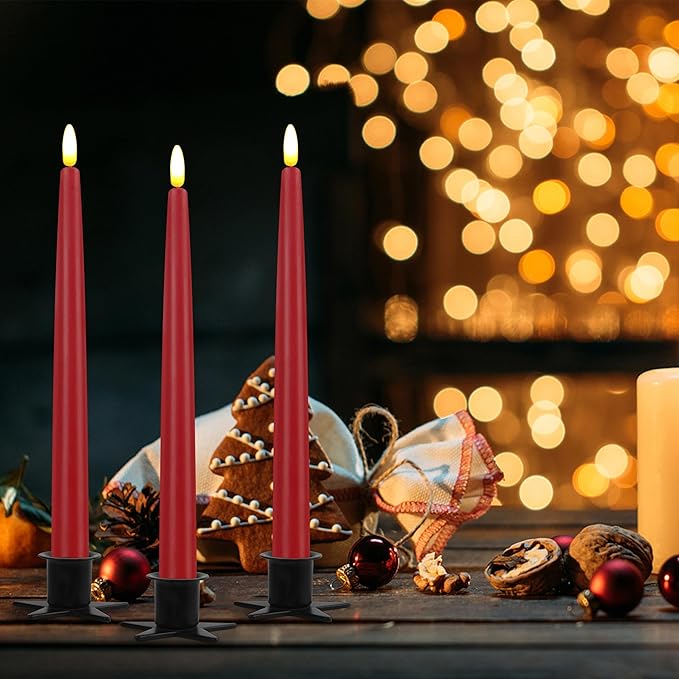 CVHOMEDECO. Flameless Taper Candles with 10-Key Remote, Battery Operated Led Flickering 3D Wick Window Candles Real Wax Finished Home Christmas Party Decor 0.78 x 11 Inch, Pack of 3, Red