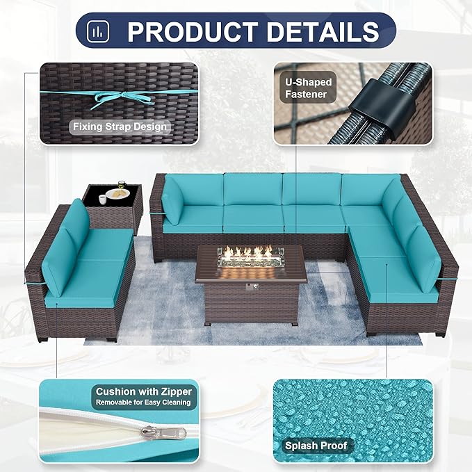 Patio Furniture Sectional Sofa 10PCS PE Rattan Patio Conversation Set w/43in Gas Fire Pit Table, Patio Outdoor Furniture with 4 Inch Thickened Cushions and Glass Coffee Tables, Blue