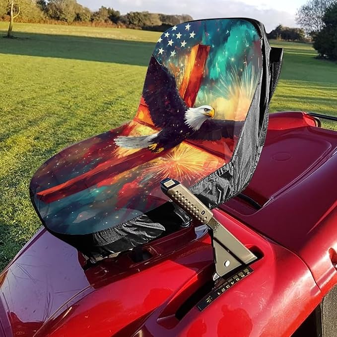 American Flag Eagle Cross Lawn Mower Seat Cover Tractor Seat Cushion Without Armrest for Agricultural and Industrial Vehicle, Non-Slip