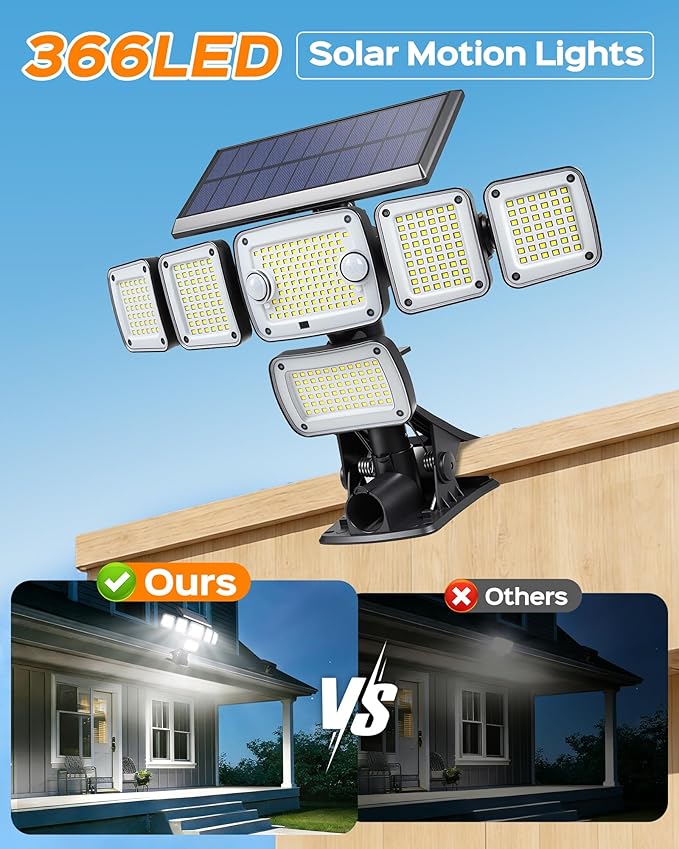 Solar Flood Lights Outdoor,6000LM 336 LEDs Dual Clip on Motion Sensor Lights with 360° Wide Angle &3 Modes, IP65 Waterproof Security Lights for Yard Patio Garage Garden,2Pack
