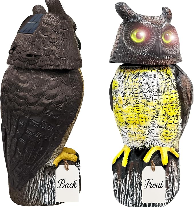 GIFTEXPRESS 1Pcs Solar Power Owl Decoy – 17" Motion Sensor Pest Repellent with Rotating Head, LED Eyes & Sound – Fake Horned Owl for Garden, Yard, Balcony, Farm, Patio, Roof, Lawn- Life Size