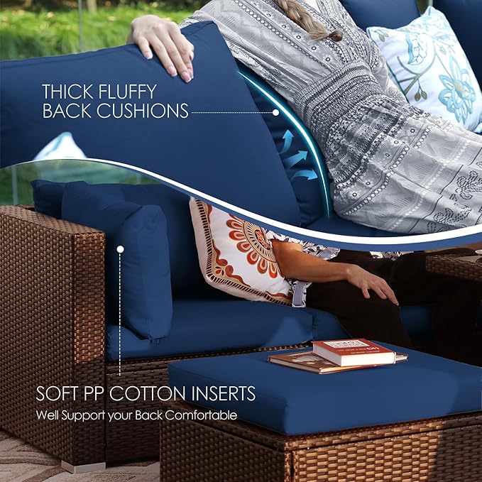 NICESOUL 11 Piece Outdoor Furniture Set with Fireplace Propane/Natural Gas, Luxury Patio Sectional 10-Person, 29.3'' High-Back Backyard Seating Area, All-Weather Rattan Couch Sofa, Brown & Blue