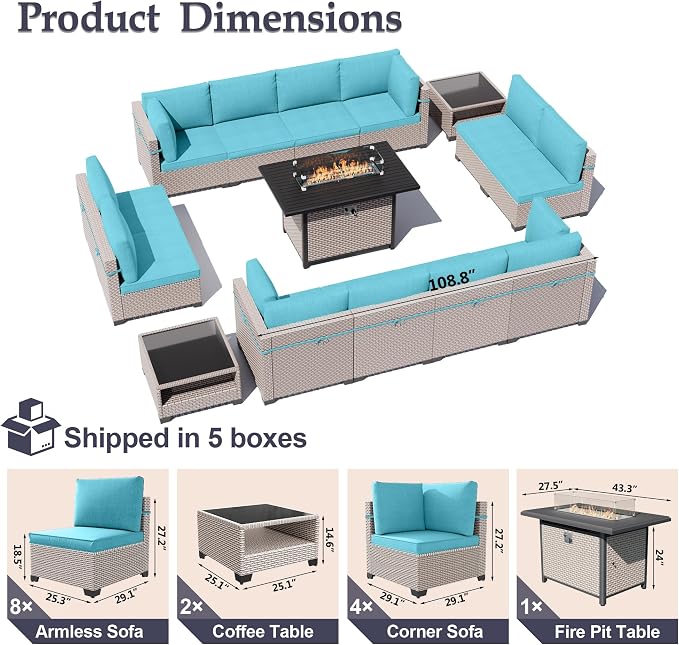 Patio Furniture Set, 15-Piece Outdoor Sectional Sofa with 60,000 BTU Fire Pit Table & 2-Layer Glass Coffee Table, Wicker Patio Conversation Set with Cyan Cushions