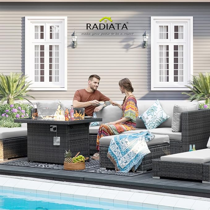 RADIATA 7 Piece Wicker Patio Furniture Set with Fire Pit, All-Weather Outdoor Sectional Couch High Back Large Size, Modular Backyard Seating Sofa Set with Propane/Natural Gas Firepit Table, Light Grey