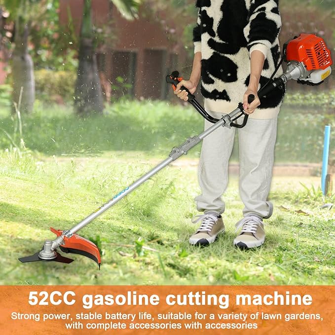 2-in-1 Weed Wacker Gas Powered - 52cc 2-Stroke Cutting Gas String Trimmer/Edger, Powerful Eater Gas Grass Trimmer for Lawn Care, Plastic Handle & Shoulder Strap Included Orange