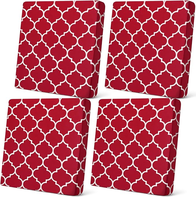 Newwiee 4 Pcs Waterproof Outdoor Cushion Covers for Patio Furniture Stretch Outdoor Couch Cushion Covers Replacement Moroccan Pattern Chair Seat Sofa Slipcovers Soft Flexibility Protector(Wine Red)