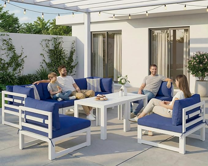 NICESOUL 6 Seat Oversized Modern Aluminum Patio Furniture Set, All Weather Rust Proof Modular Sectional Sofa with Coffee Table, 500 lbs Heavy Duty Comfy Outdoor Couch for Garden Backyard, Navy Blue