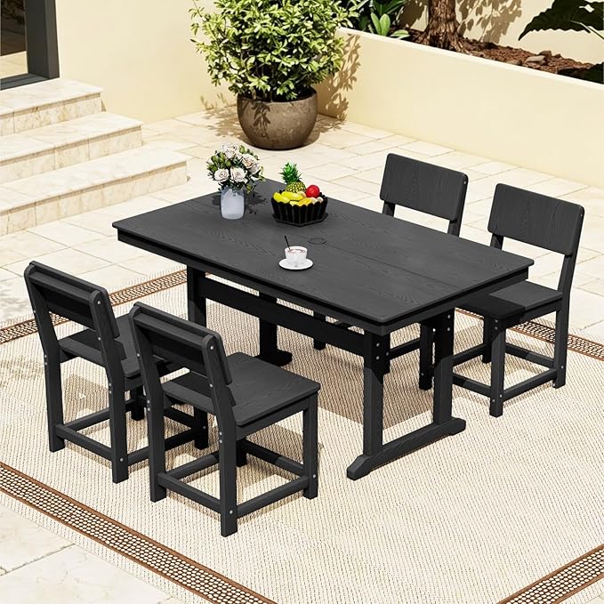 5-Piece HDPE Outdoor Patio Dining Set,Modern Plastic Dining Sets，Patio Table and Chairs Set with Umbrella Hole Cut-Out Table and 4 Chairs Black