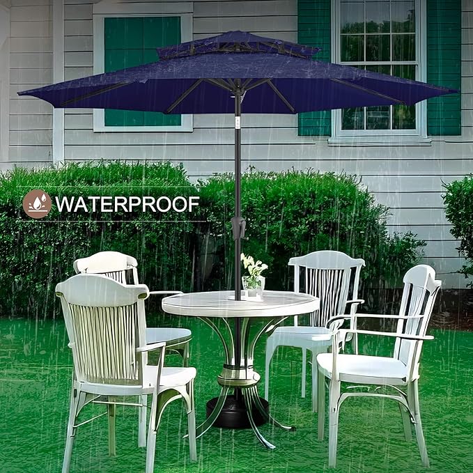 FLAME&SHADE 9ft Patio Umbrella - 2 Tiers Outdoor Umbrella with Push Button Tilt and Crank for UV Protection, Table Market Umbrella for Garden, Deck, Backyard, Pool and Beach(Navy Blue)