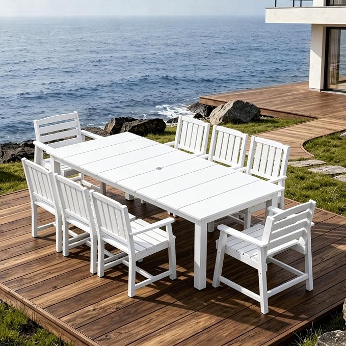 AreShark 9-Piece Outdoor Dining Set,HDPE Patio Table with 8 Chairs,All-Weather Patio Furniture Set with Umbrella Hole,Low Maintenance Wood Grain Dining Set for Backyard,Garden,Poolside,White