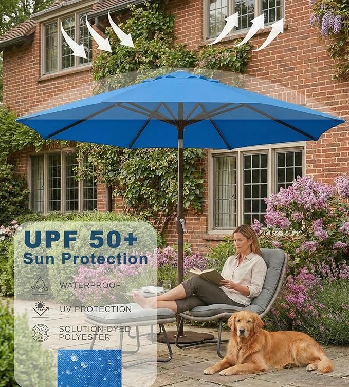 PatioKingdom 9FT Patio Outdoor Umbrella-UPF 50+ Sun Shade with Wind Vent, Push-Button Tilt & Smooth Crank Lift, Rust-Resistant Fiberglass Frame for Garden, Backyard,Yard (Royal Blue)